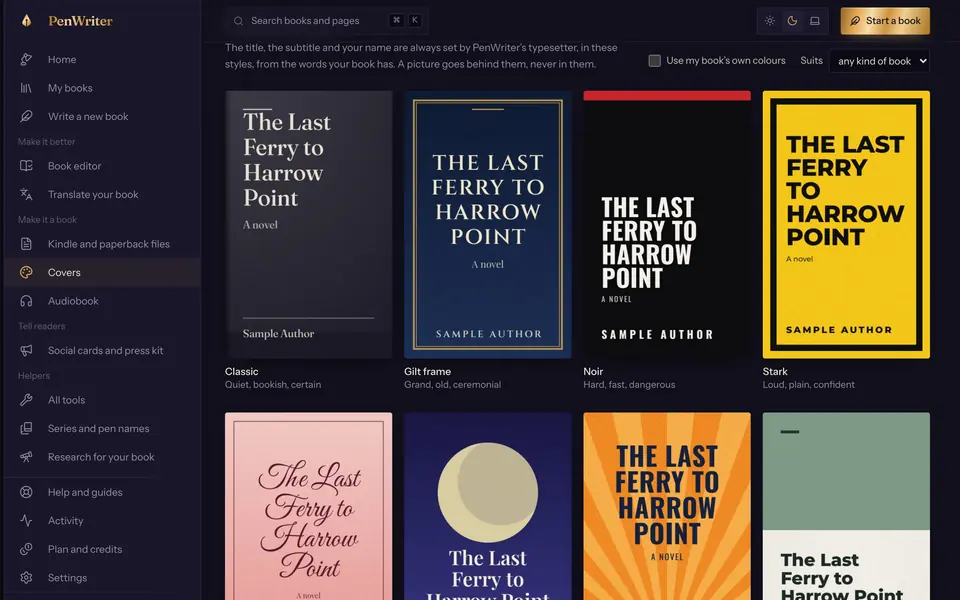 The cover studio: a grid of typeset cover styles, each showing the sample book's title.